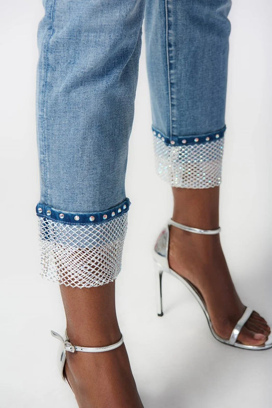 Embellished Mesh Hem Jeans Vintage Blue