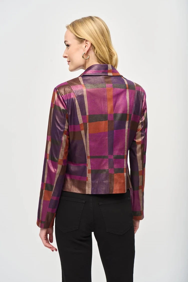 Foiled Print Faux Suede Jacket Plaid Print - 50% Off