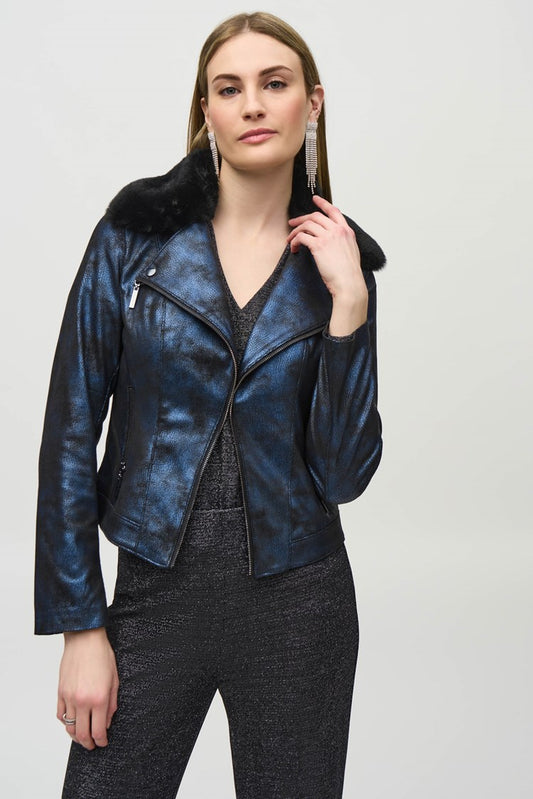 Foiled Suede Jacket with Faux Fur Collar