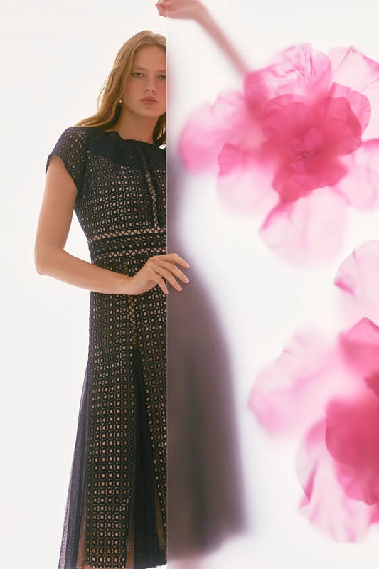 Fit/Flare Mesh Dress Navy/Nude