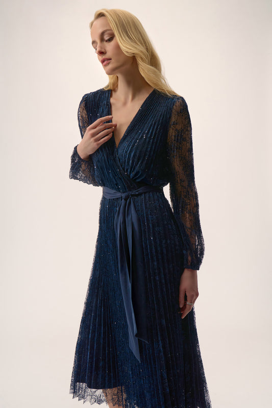 Sequined Pleated Lace Dress