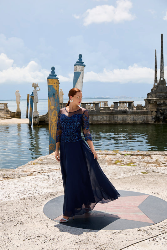 Applique Sheer Sleeve Gown