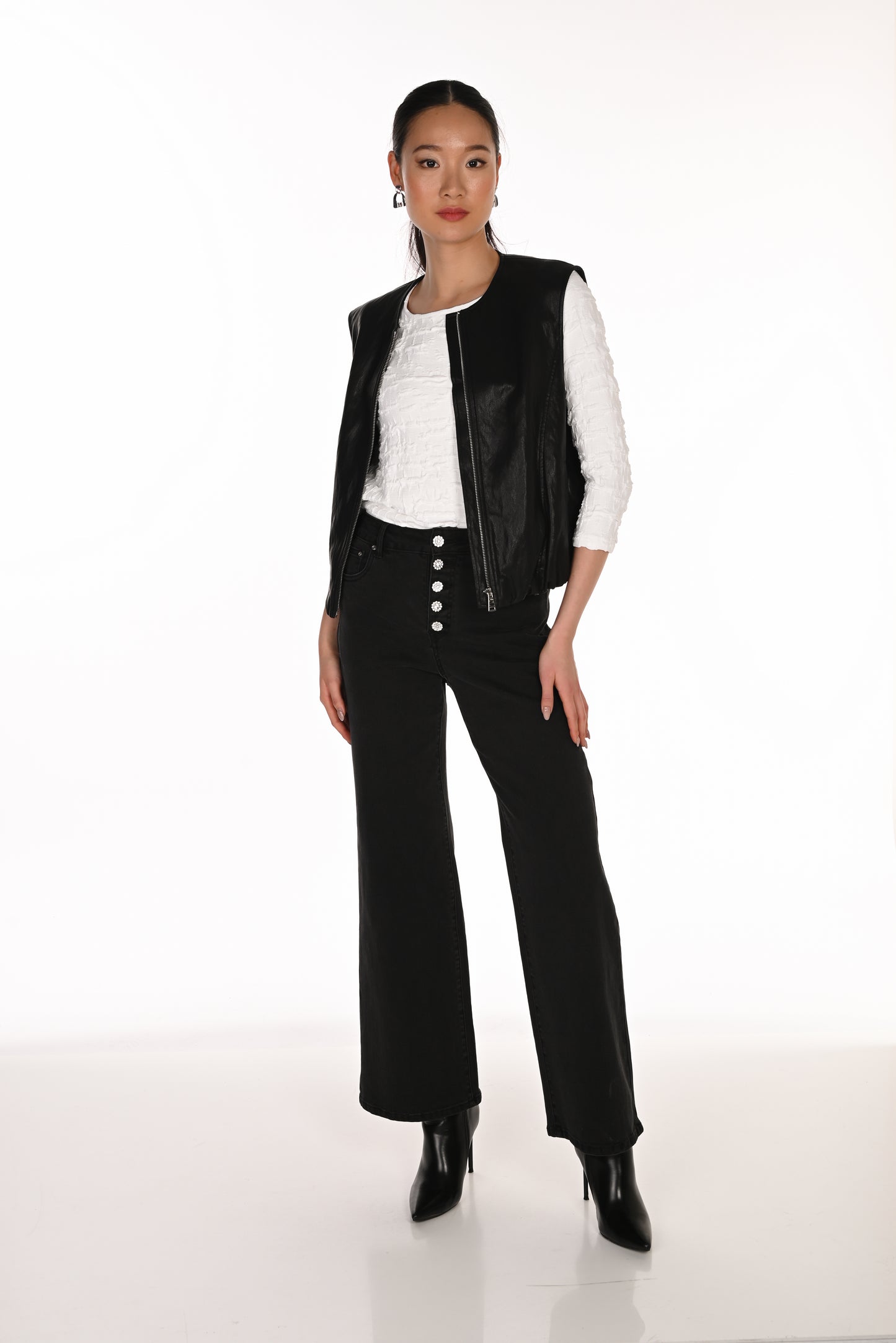 Rhinestone Button Jeans - Charcoal