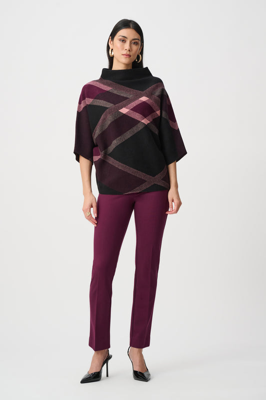 Plaid Funnel-Neck Sweater in Elderberry/Black