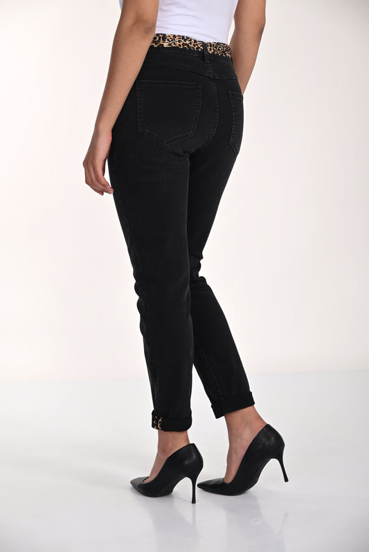 Jeans with Animal Print Scarf Belt & Trim