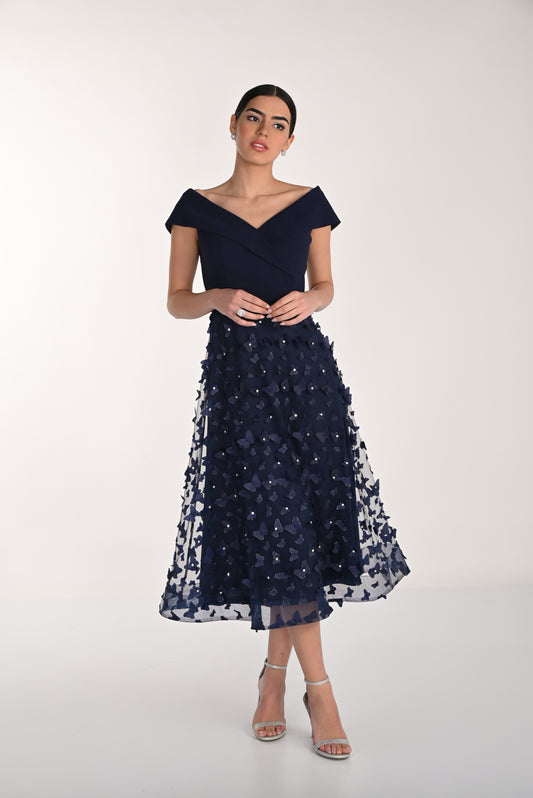 On or Off the Shoulder Jewelled Dress in Navy