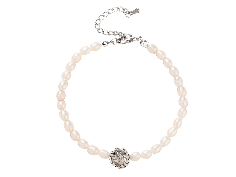Pearl & Silver-fern Ball Bracelet PL378