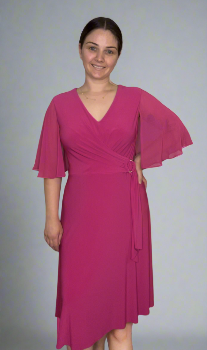 Chiffon/Knit Wrap Dress - Shocking Pink