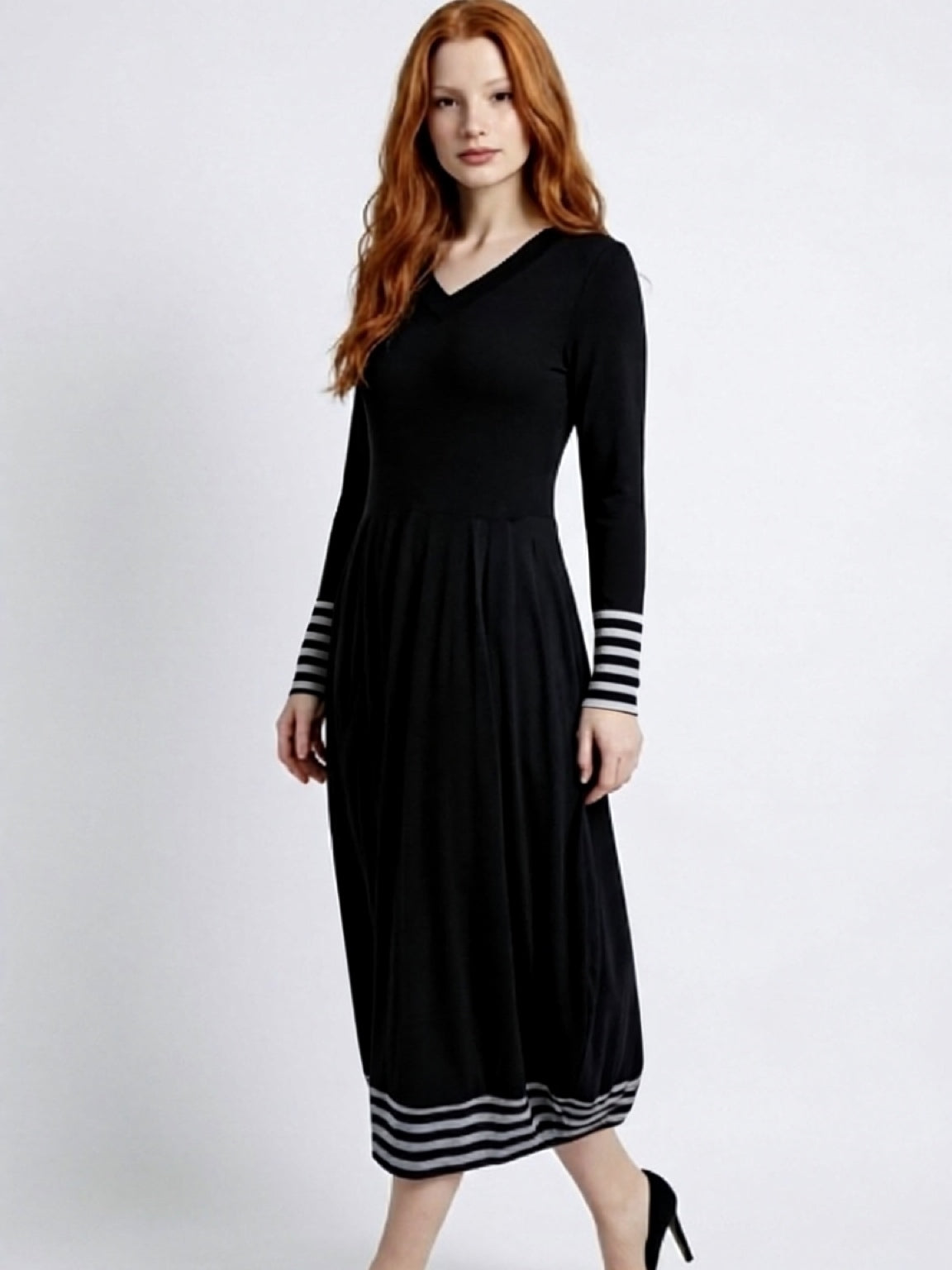 Carly Dress Black with Striped Hem & Cuff - Long Sleeves