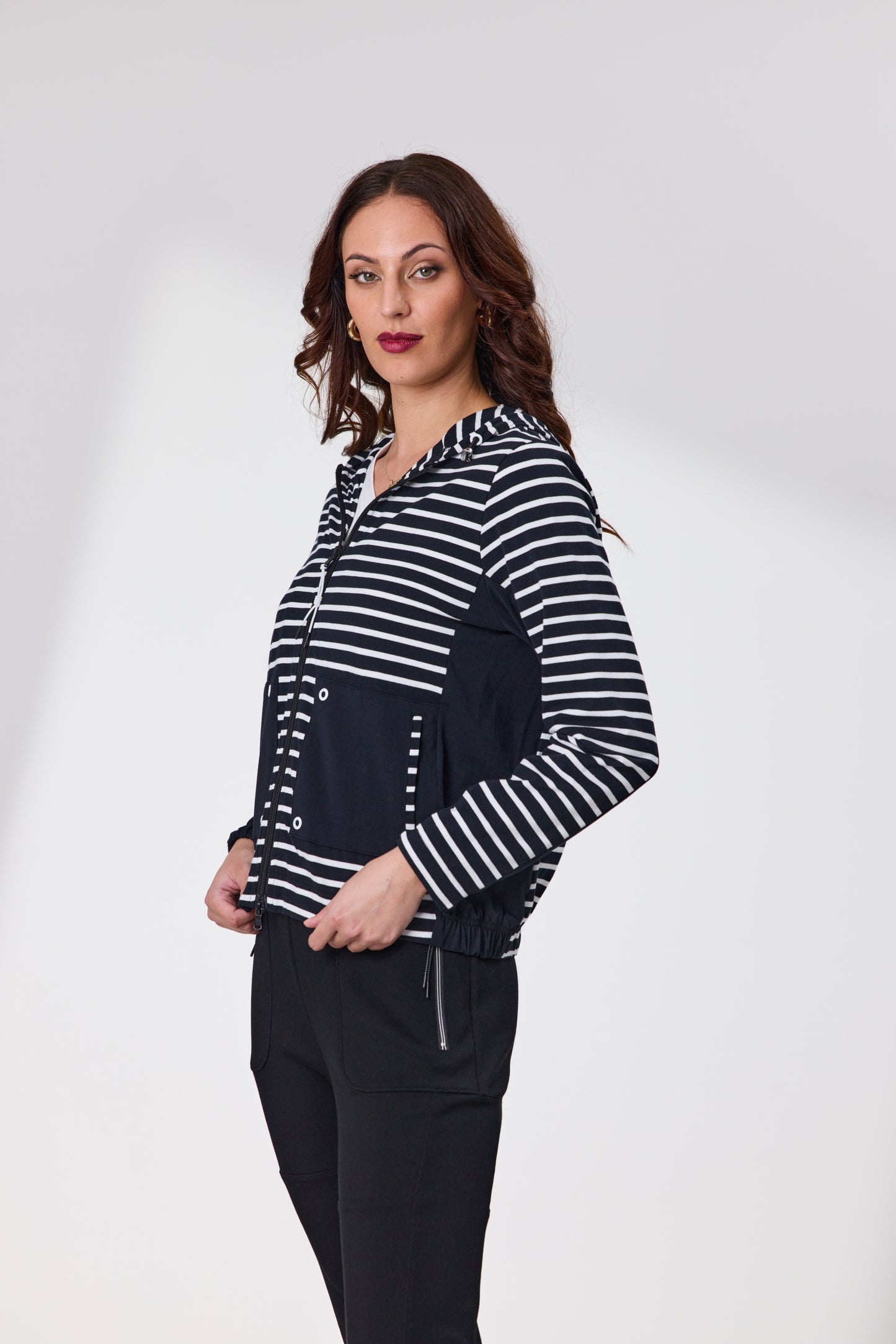 Allure Front Zip Hoodie - Black/White Stripe