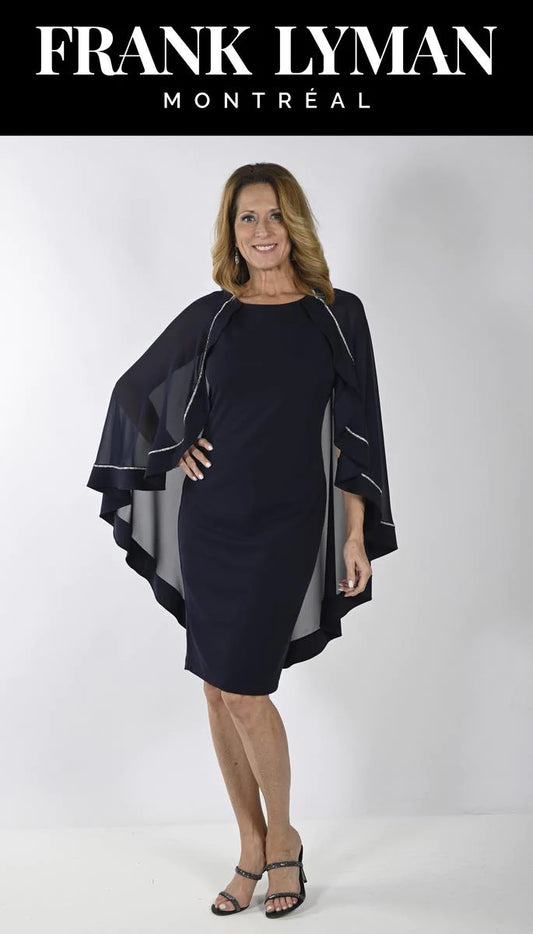 Diamanté Trim Cape Dress Midnight Blue