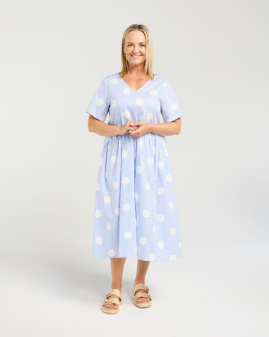 Leona Dress - Blue Polka Stripe - Due Aug/Sept