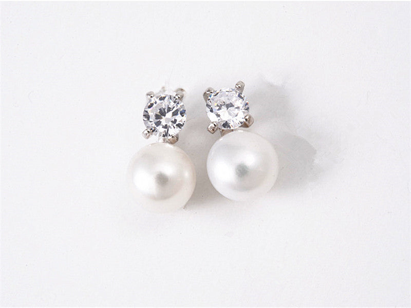 White Rhinestone Round Freshwater Pearl Studs - PL0326