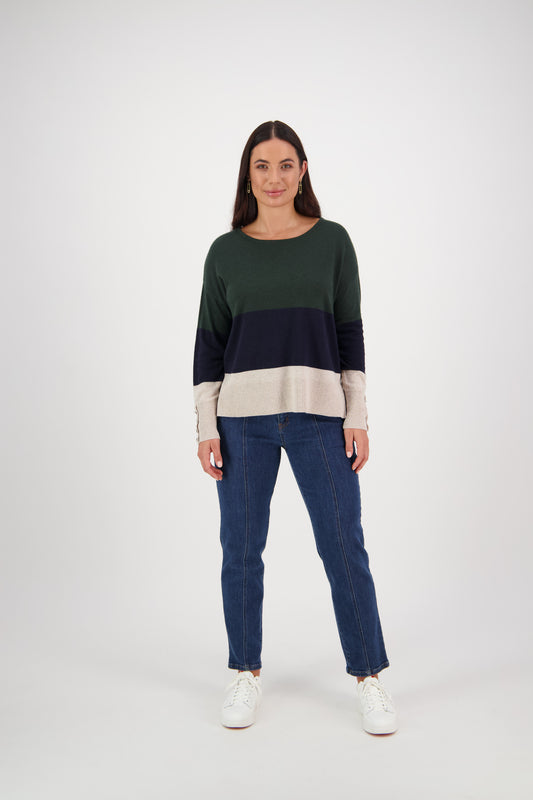 Vassalli - 1073 Tri Stripe Jumper with Dome Cuff - Forest/Ink/Oatmeal - 50% Off