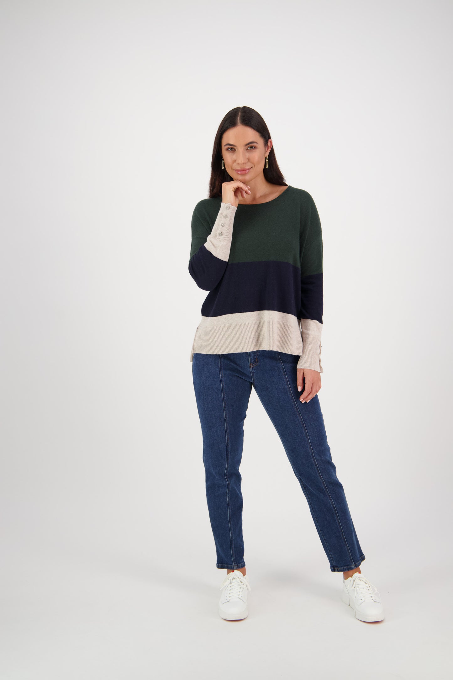 Vassalli - 1073 Tri Stripe Jumper with Dome Cuff - Forest/Ink/Oatmeal - 50% Off