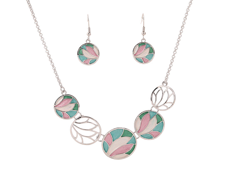 Pink/Green Flower Necklace/Earring Set - NC3644