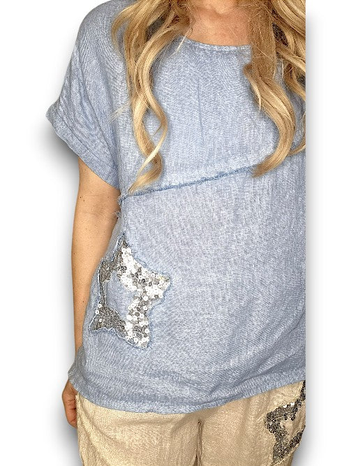 Petrol Blue Linen Star Top