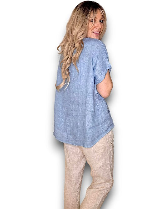 Petrol Blue Linen Star Top