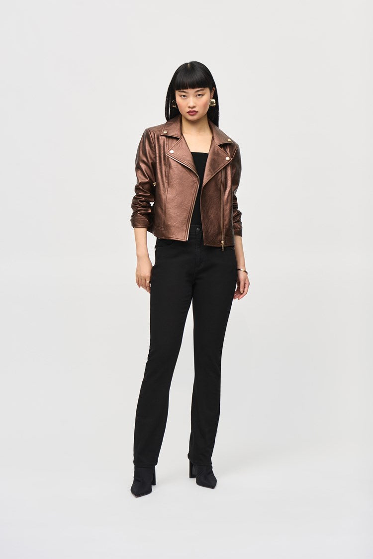 Joseph Ribkoff - Metallic Faux Leather Biker Jacket - 234902F24 - Bronze