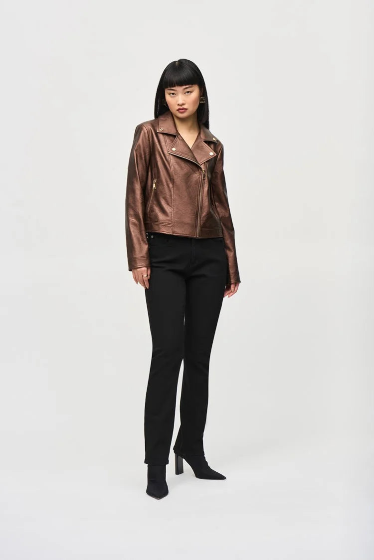 Joseph Ribkoff - Metallic Faux Leather Biker Jacket - 234902F24 - Bronze