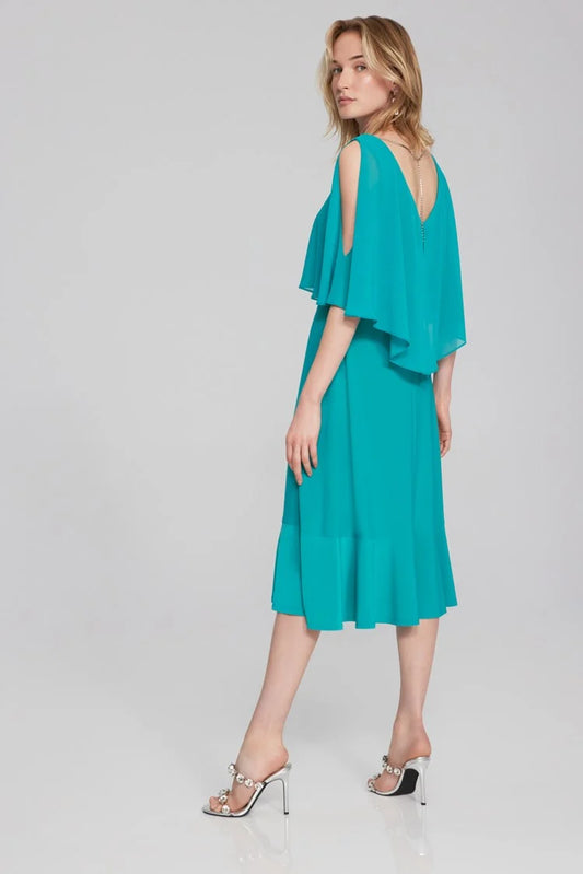 Joseph Ribkoff - Silky Knit and Chiffon Fit-and-Flare Dress - 241706 - Ocean Blue
