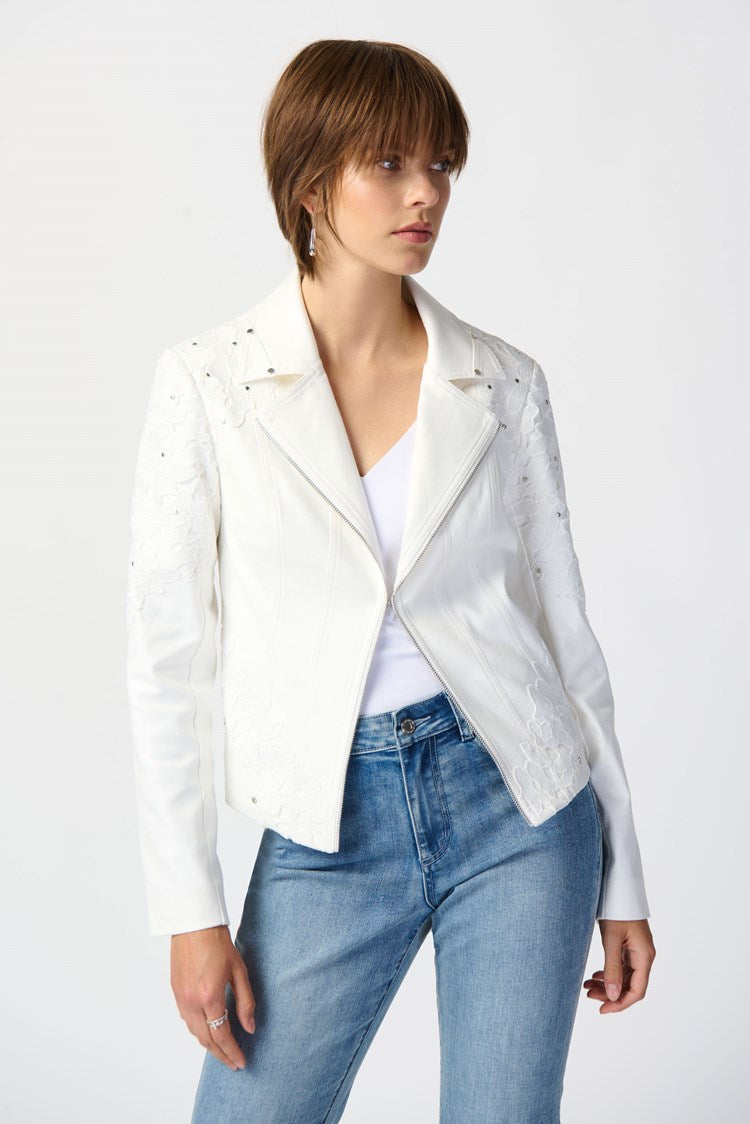 Joseph Ribkoff - Studded Foiled Suede Jacket with Floral Appliqué - 241904 - Vanilla