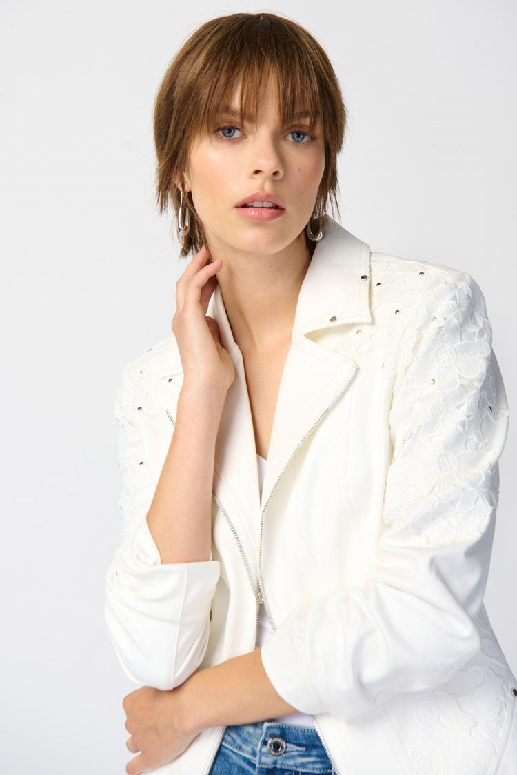 Joseph Ribkoff - Studded Foiled Suede Jacket with Floral Appliqué - 241904 - Vanilla