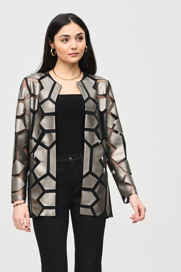 Joseph Ribkoff - Laser-Cut Leatherette on Mesh Jacket - 241905F24 - Gunmetal/Black