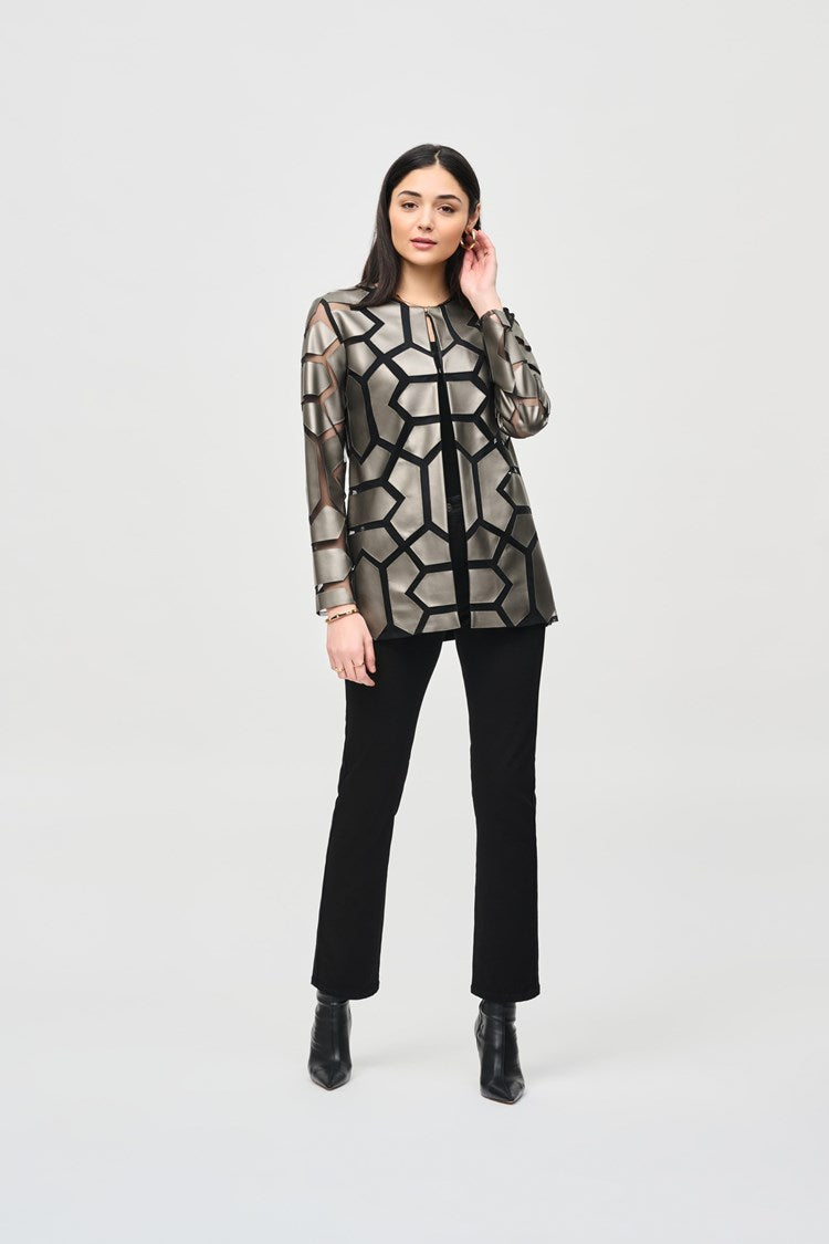 Joseph Ribkoff - Laser-Cut Leatherette on Mesh Jacket - 241905F24 - Gunmetal/Black