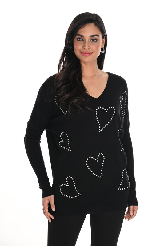 Frank Lyman - Rhinestone Hearts Sweater - 244601 - Black/Silver