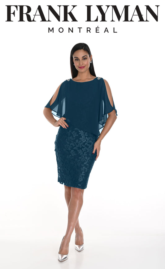 Frank Lyman - Floral Cape Sheath Dress - 249276 - Teal