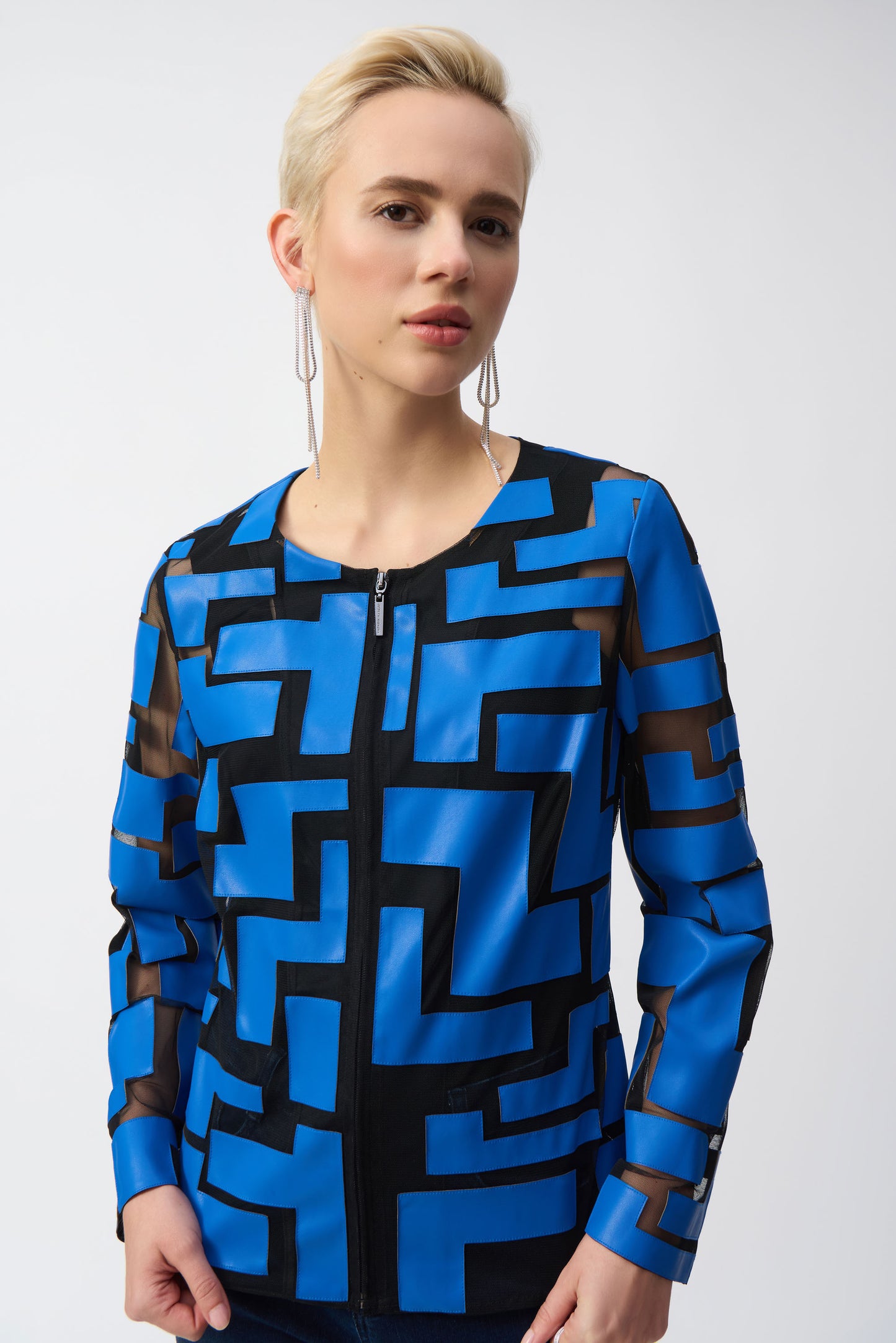 Joseph Ribkoff - Mesh & Leatherette Fitted Jacket - 251932 - Coastal Blue/Black - 1 x 12 left