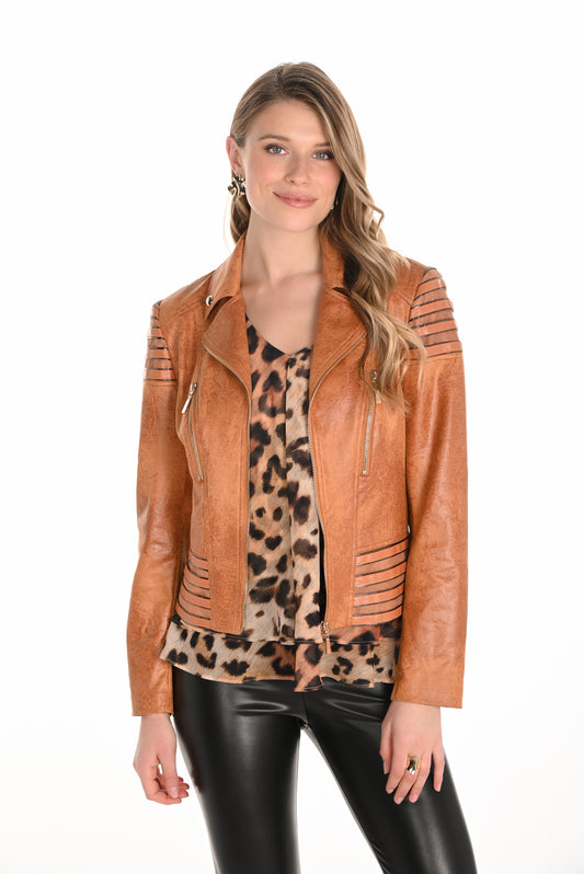 Faux Leather Biker Jacket - Burnt Orange - 50% Off
