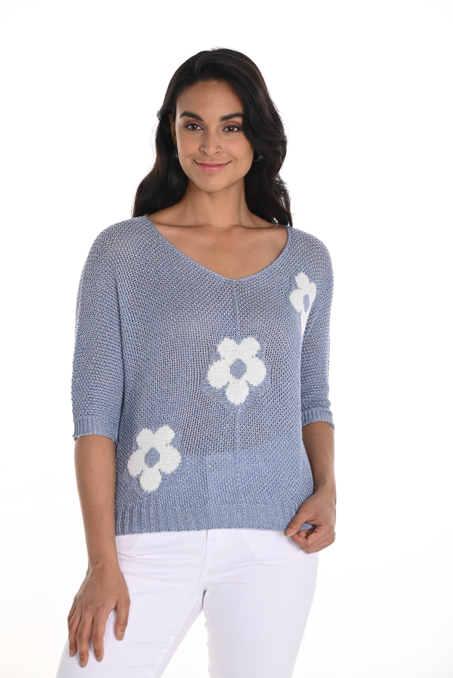 Frank Lyman - Floral V-neck Pullover Style 256838u - Blue/White