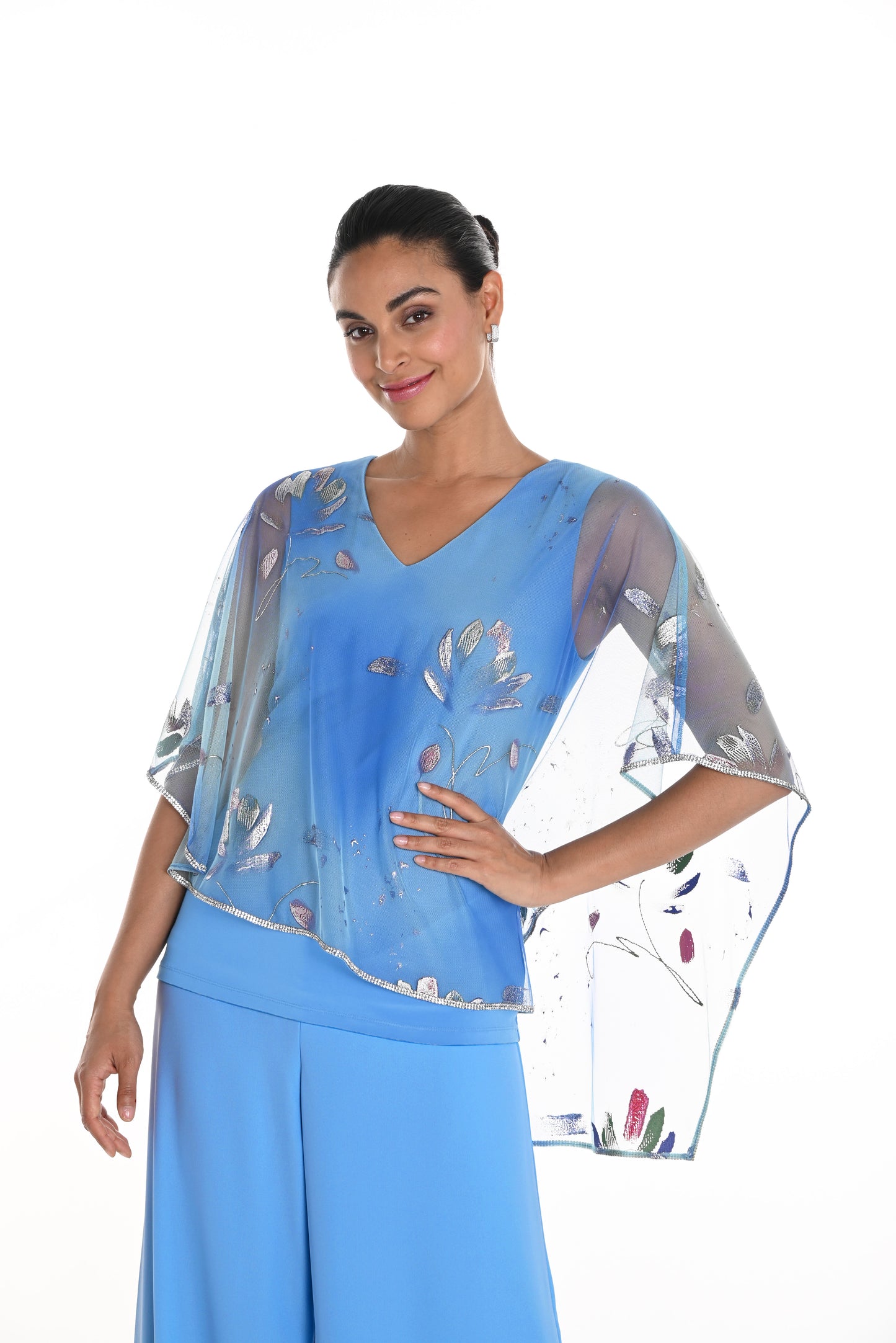 Frank Lyman - Overlay Top & Embellished Pants 2pce Set - French Blue/Turquoise