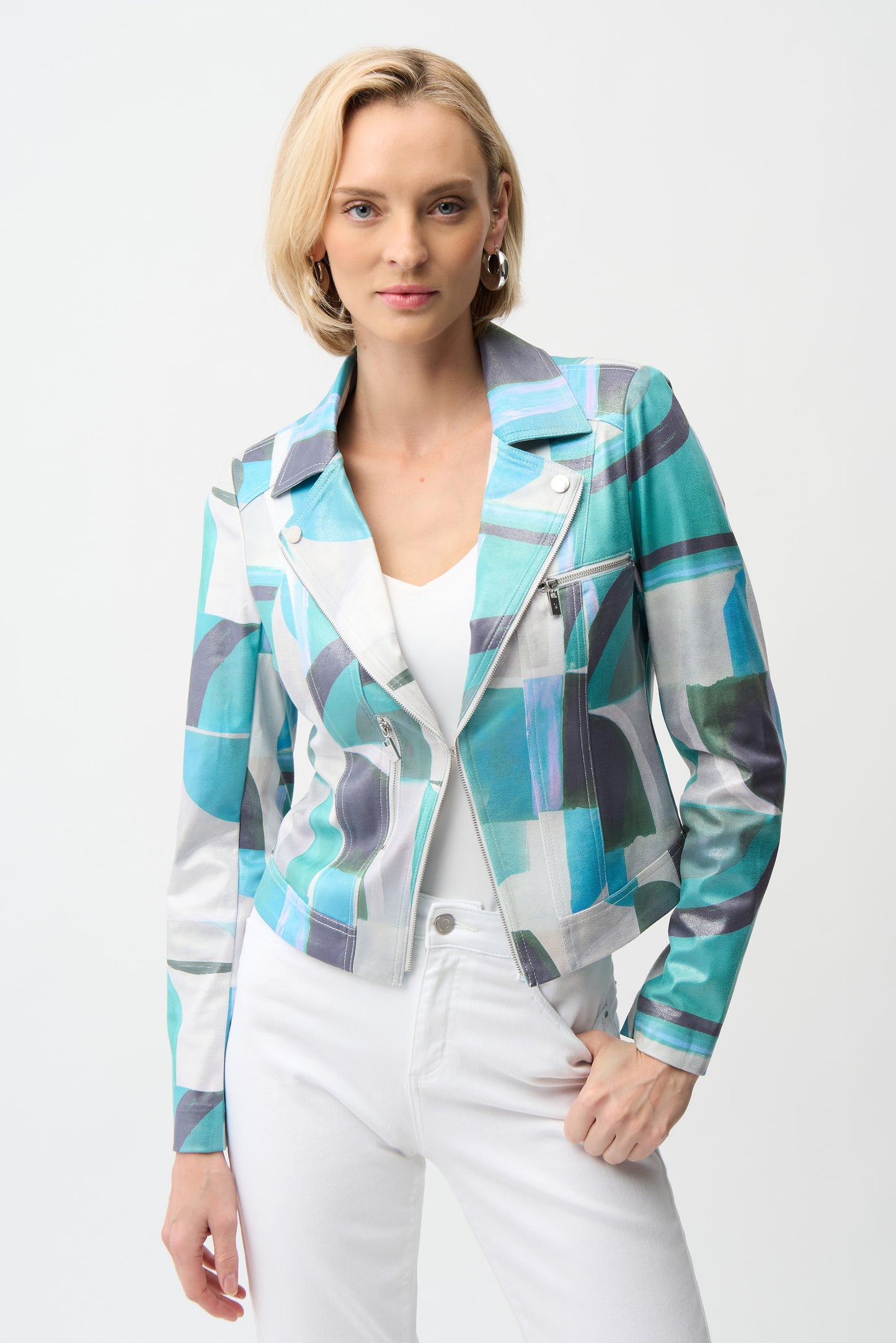 Faux Suede Geometric Print Fitted Jacket