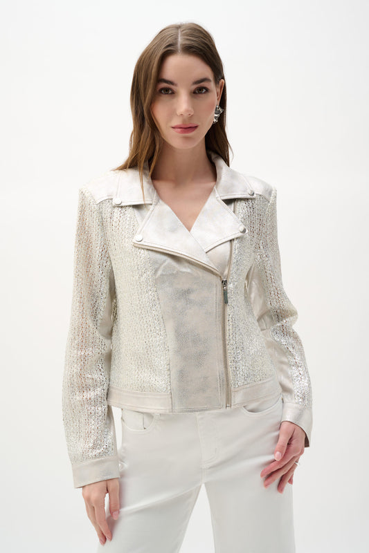 Faux Suede Foiled Knit Moto Jacket