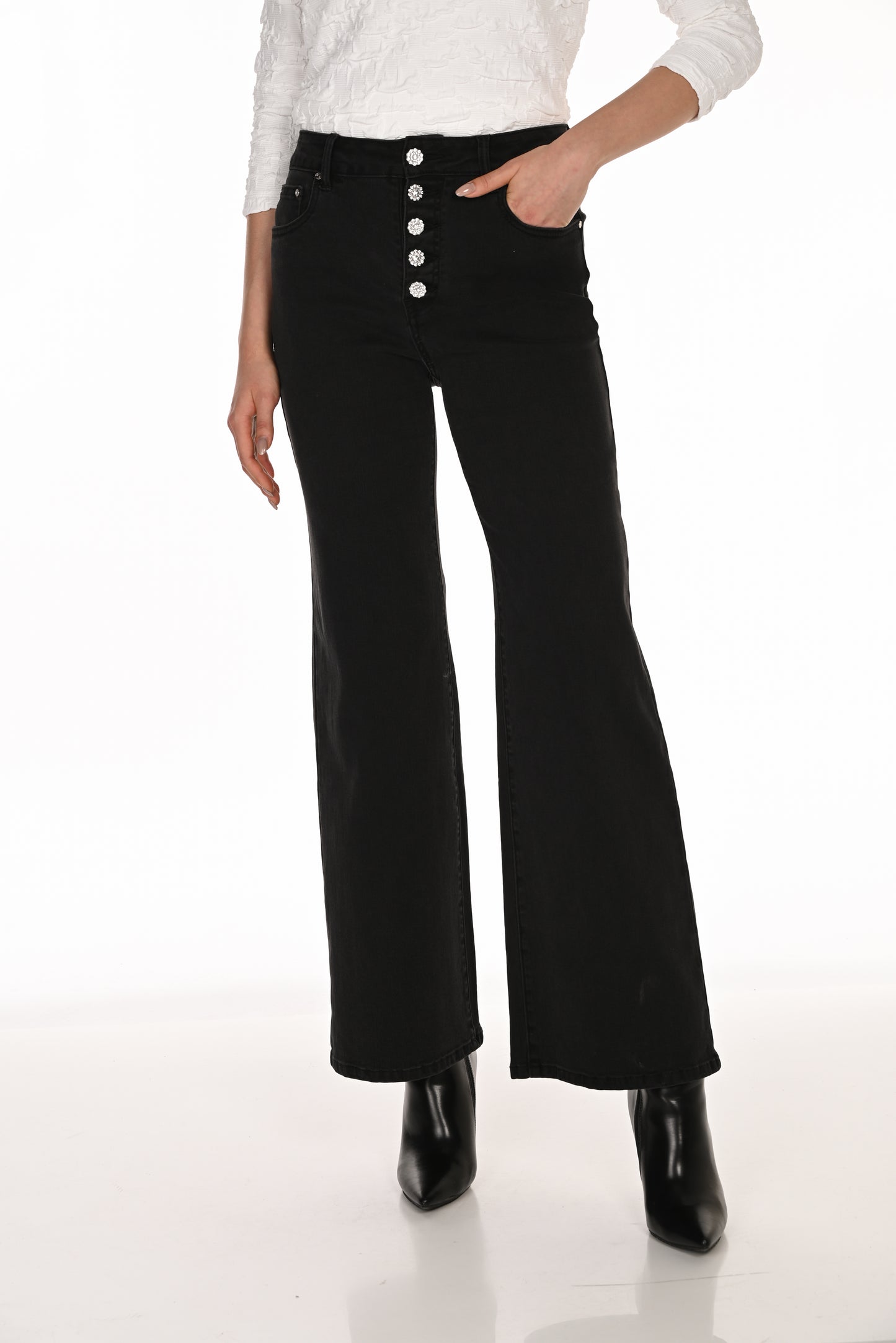 Rhinestone Button Jeans - Charcoal
