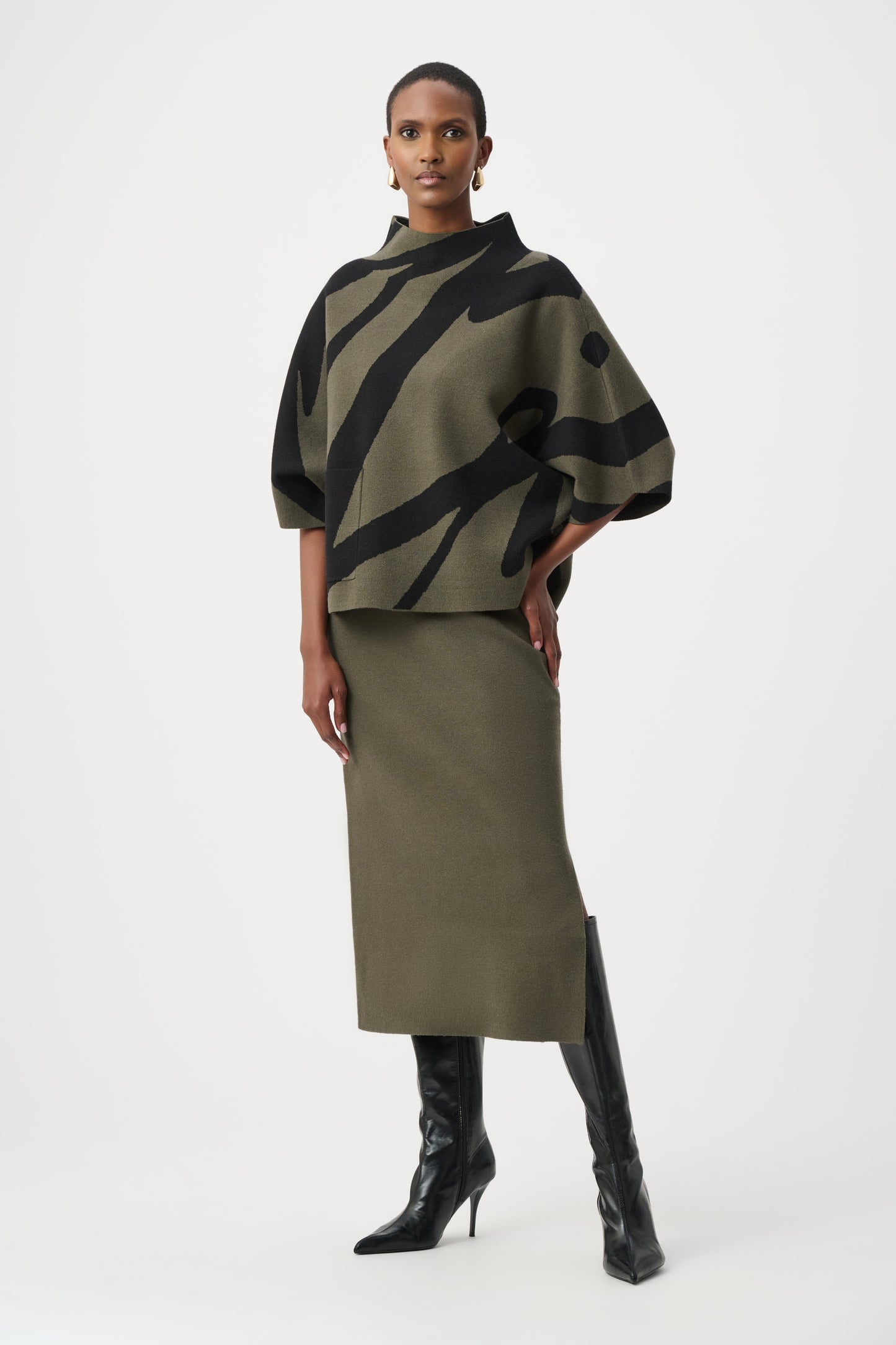 Abstract Jacquard Funnel-Neck Sweater
