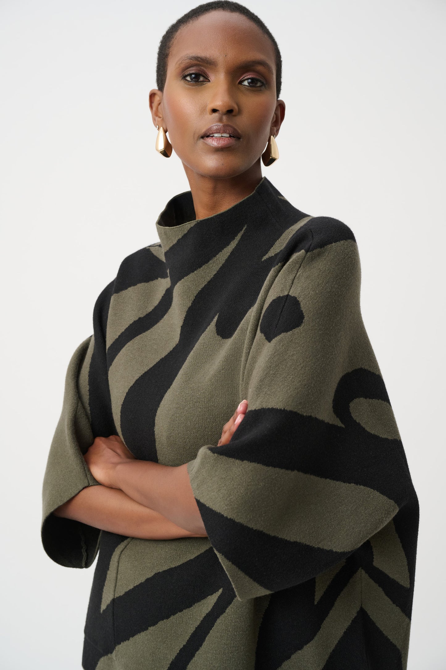 Abstract Jacquard Funnel-Neck Sweater