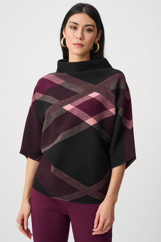 Plaid Funnel-Neck Sweater in Elderberry/Black