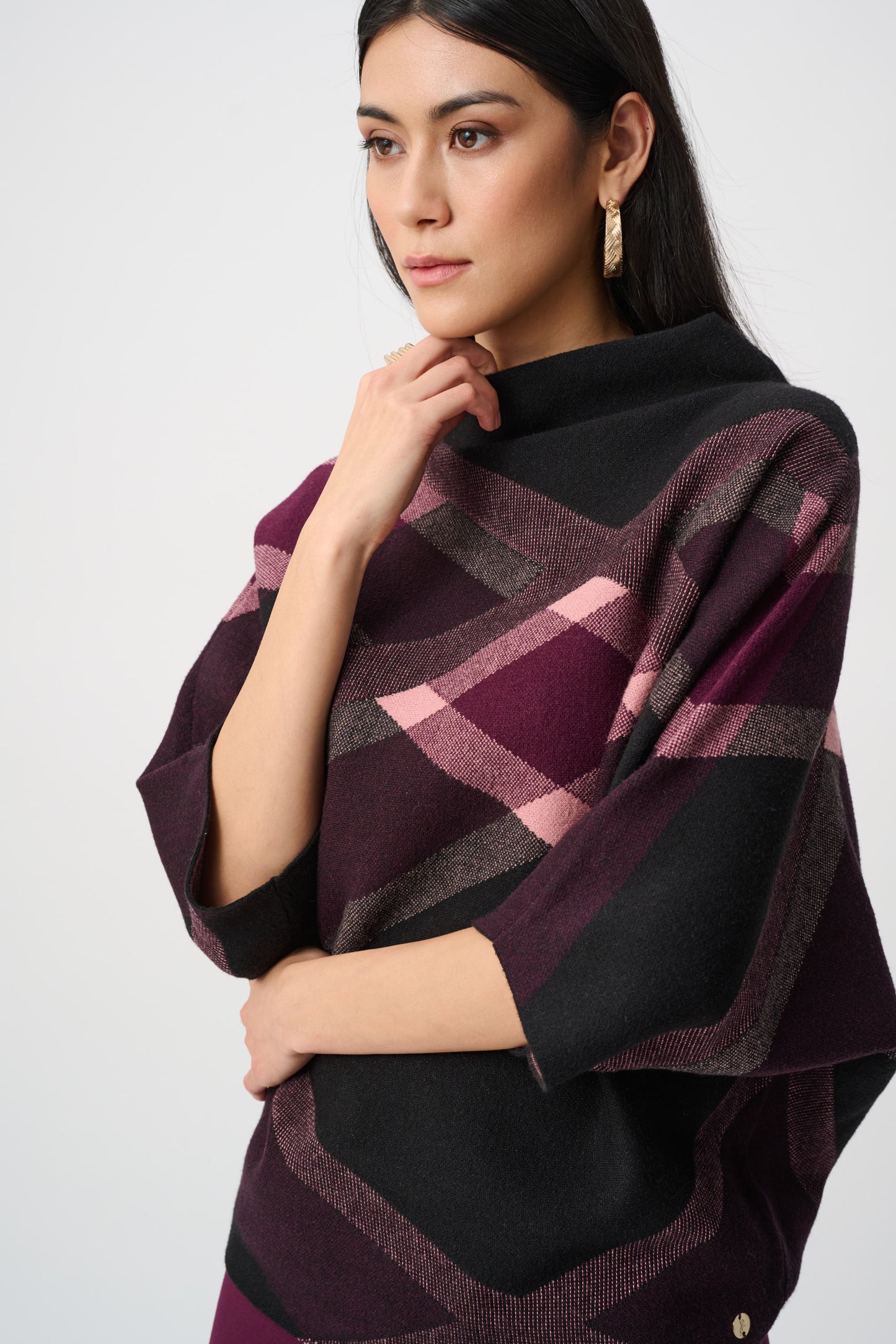 Plaid Funnel-Neck Sweater in Elderberry/Black