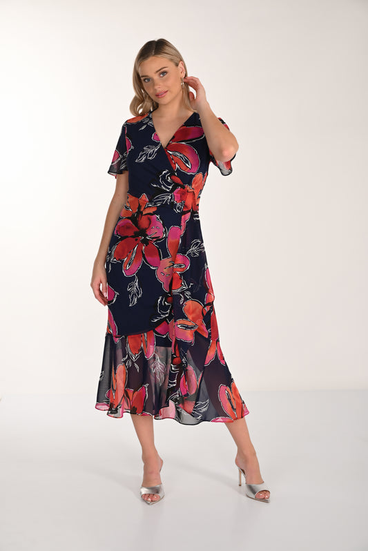 Floral Wrap Midi Dress in Indigo/Magenta