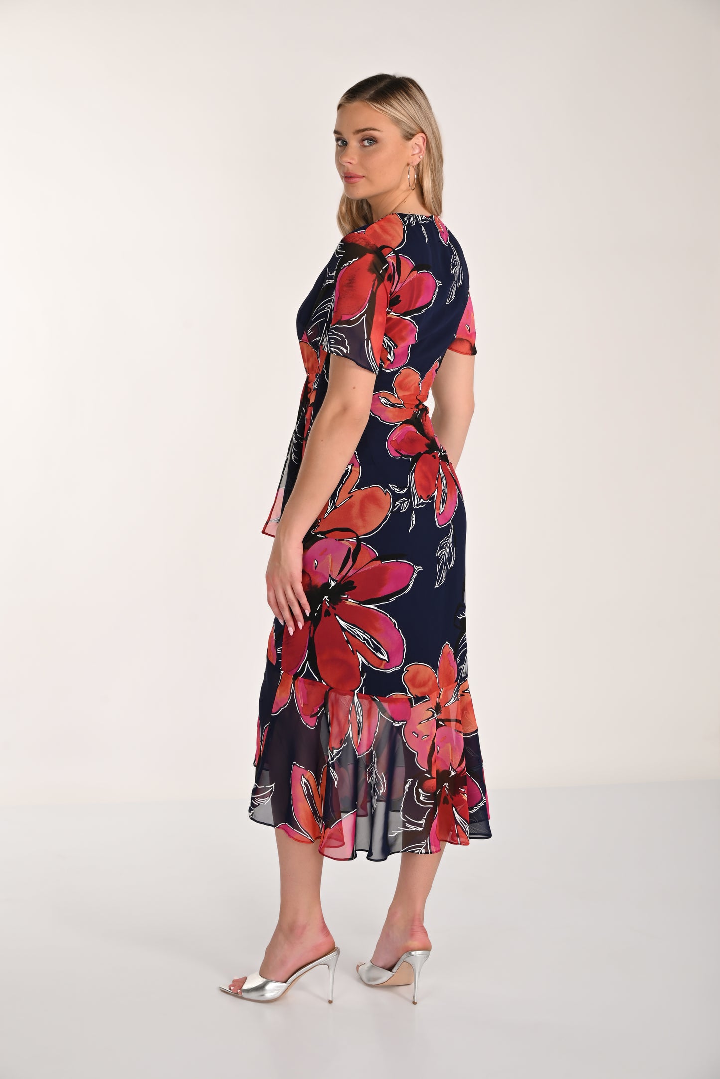 Floral Wrap Midi Dress in Indigo/Magenta
