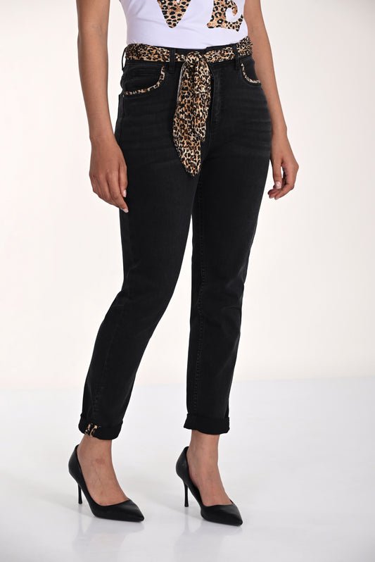 Jeans with Animal Print Scarf Belt & Trim
