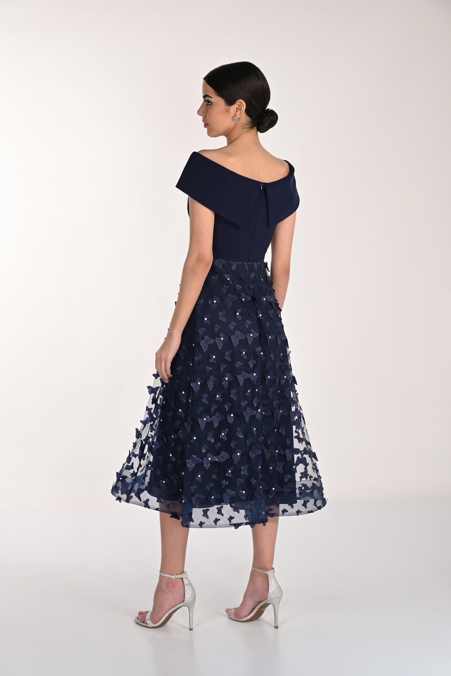 On or Off the Shoulder Jewelled Dress in Navy