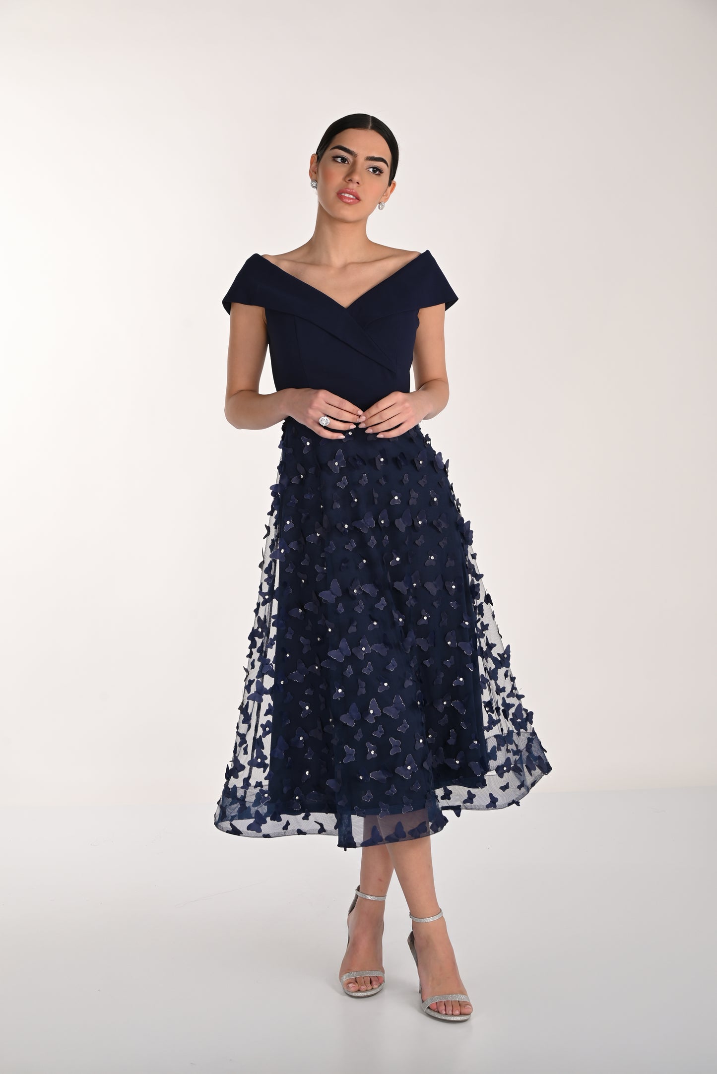 On or Off the Shoulder Jewelled Dress in Navy