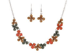 Orange/Olive Flower Necklace/Earring Set - NC3649