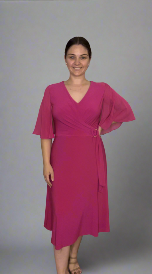 Joseph Ribkoff - Silky Knit and Chiffon Flowy Wrap Dress - 242730 - Shocking Pink 14 and 16 left