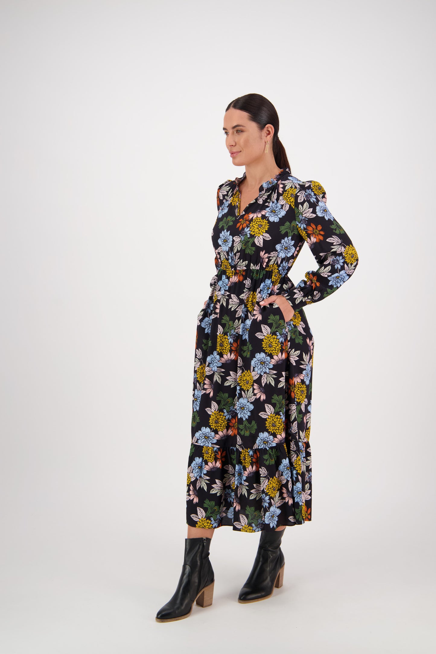6096 - Frill Neck Dress with Panel Hem -Viva La Bloom - INSTORE